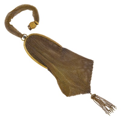 Lot 2042 - Gold, Cabochon Sapphire and Seed Pearl Coin Purse with Carrying Chain