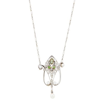Lot 1329 - Art Nouveau Gold, Platinum, Green Stone, Demantoid Garnet, Diamond and Pearl Pendant-Necklace