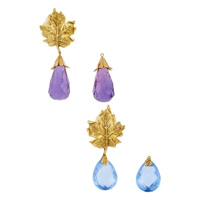 Lot 2231 - Sorab & Roshi Pair of Gold Leaves and Colored Stone Pendant-Earclips