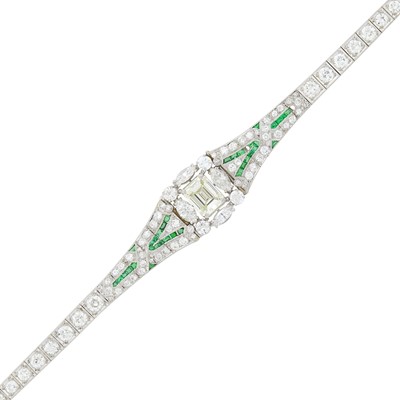 Lot 1230 - Platinum, Diamond and Simulated Emerald Bracelet