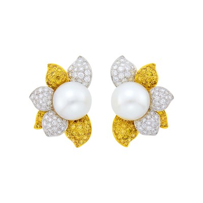 Lot 218 - Pair of Two-Color Gold, South Sea Cultured Pearl, Diamond and Colored Diamond Earclips