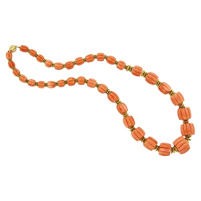 Lot 22 - Gold and Carved Coral Bead Necklace and Pair of Earclips