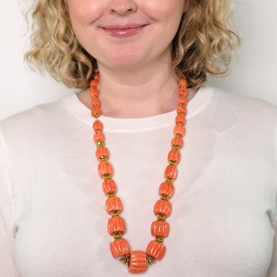 Lot 22 - Gold and Carved Coral Bead Necklace and Pair of Earclips