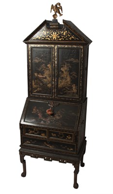 Lot 348 - Chinese Export Gilt Decorated Black Lacquer Bureau Cabinet