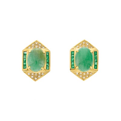 Lot 1239 - Pair of Gold, Jade, Emerald and Diamond Earrings