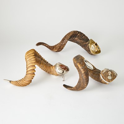 Lot 527 - Two Scottish Silver Plate Mounted Ram's Horn Table Mulls and a Brass Mounted Lighter