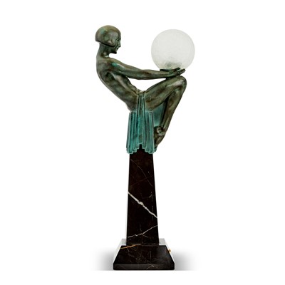 Lot 515 - Art Deco Style Mottled Green and Brown Patinated Metal and Marble Figural Lamp