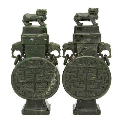 Lot 499 - A Pair of Chinese Spinach Jade Vases and Covers
