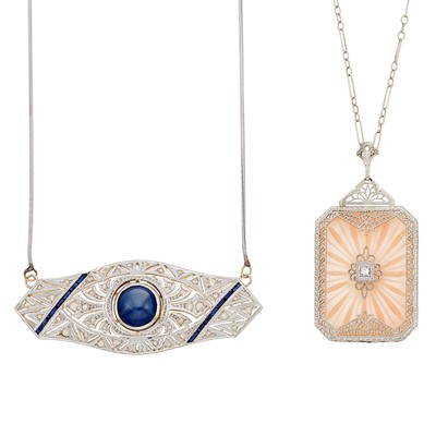 Lot 1178 - Platinum, Gold, Synthetic Sapphire and Diamond Pendant with White Gold Chain Necklace and Low Karat White Gold, Crystal and Diamond Necklace