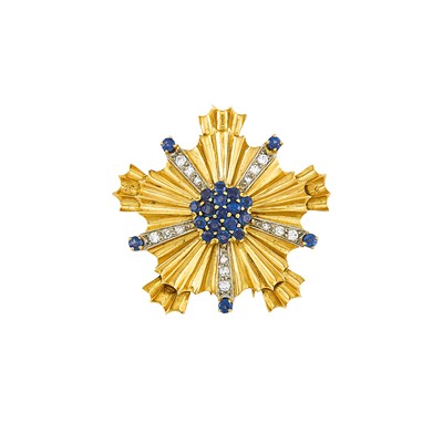 Lot 2174 - Two-Color Gold, Sapphire and Diamond Clip-Brooch