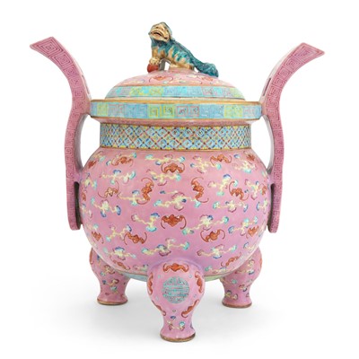 Lot 287 - A Large Chinese Enameled Porcelain Censer and Cover