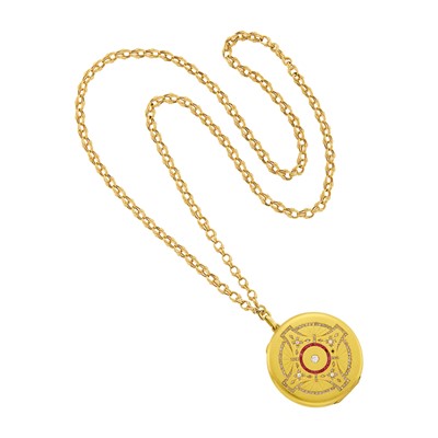 Lot 1070 - Antique Gold, Ruby and Diamond Pendant Locket with Long Rose Gold Chain Necklace