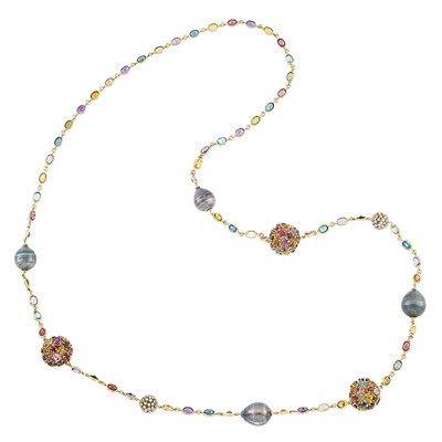 Lot 2185 - Long Colored Stone, Gray Tahitian Cultured Pearl and Diamond Necklace