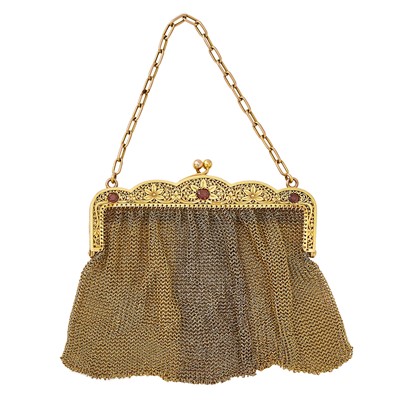 Lot 1184 - Two-Color Low Karat Gold and Garnet Mesh Purse with Carrying Chain
