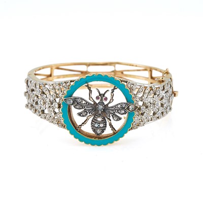 Lot 2082 - Gold, Platinum, Silver, Teal Enamel, Ruby and Diamond Bee Bangle Bracelet