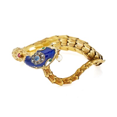 Lot 2057 - Antique Gold, Silver, Enamel, Gem-Set, Cultured Pearl and Diamond Serpent Bracelet