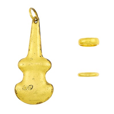 Lot 2276 - Pair of High Karat Gold Band Rings and Ilias Lalaounis SIlver-Gilt Pendant