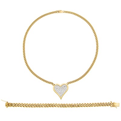 Lot 2210 - Two-Color Gold and Diamond Heart Pendant with Curb Link Chain and Bracelet