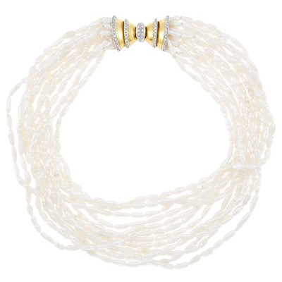 Lot 2229 - Twelve Strand Freshwater Pearl Necklace with Two-Color Gold and Diamond Clasp