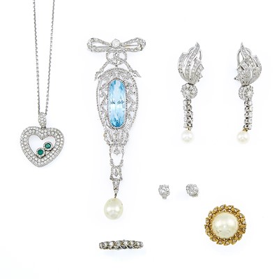 Lot 2264 - Group of White and Yellow Gold, Diamond, Cultured Pearl and Blue Topaz Jewelry