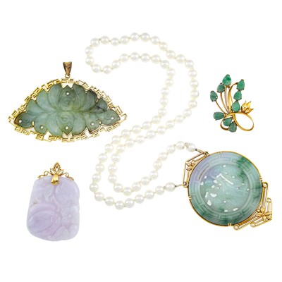 Lot 2272 - Group of Carved Jade, Gold and Cultured Pearl Jewelry