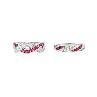 Lot 2243 - Tiffany & Co. Pair of Platinum, Ruby and Diamond Band Rings