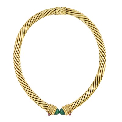Lot 2213 - David Yurman Gold, Green Onyx and Cabochon Pink Tourmaline Collar Necklace