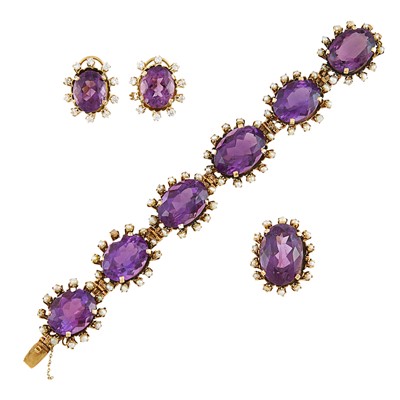 Lot 1281 - Gold, Amethyst and Pearl Bracelet and Ring and Pair of Amethyst and Paste Earrings