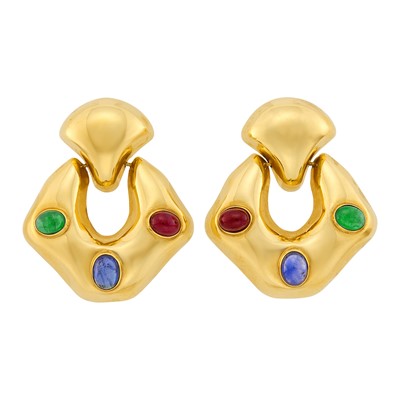 Lot 1062 - Pair of Gold and Cabochon Gem-Set Door Knocker Pendant-Earrings