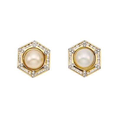 Lot 1233 - Pair of Gold, Mabé Pearl and Diamond Earclips