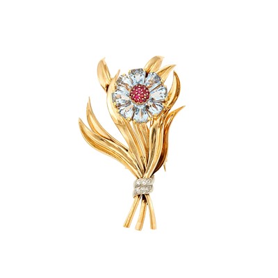 Lot 1194 - Black, Starr & Gorham Gold, Blue Topaz, Ruby and Diamond Clip Brooch
