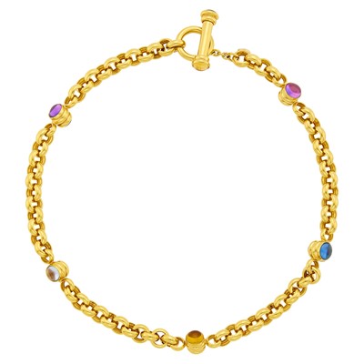 Lot 1111 - Gold and Cabochon Colored Stone Toggle Necklace
