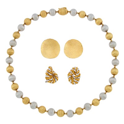 Lot 2181 - Two-Color Gold Bead Necklace and Pair of Earrings and High Karat Gold Plated Silver Disc Earrings