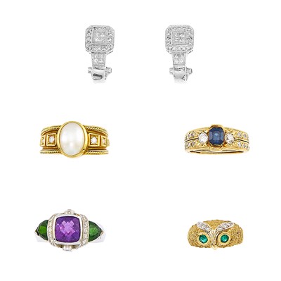 Lot 2234 - Four Yellow and White Gold Rings and Pair of White Gold and Diamond Earrings