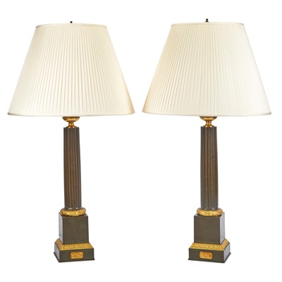 Lot 357 - Pair of French Neoclassical Gilt and Patinated Bronze Column Lamps