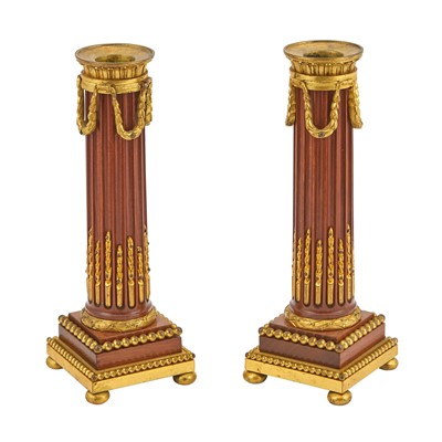 Lot 340 - Pair of Louis XVI Style Bronze Mounted Mahogany Candlesticks
