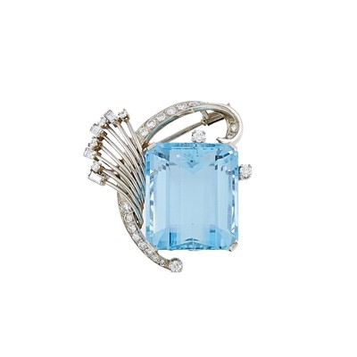 Lot 2096 - White Gold, Aquamarine and Diamond Brooch