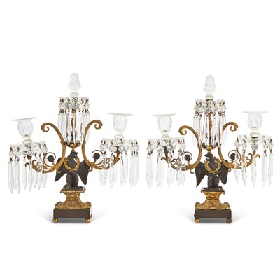 Lot 415 - Pair of English Gilt- and Patinated Bronze and Glass Three-Light Candelabra