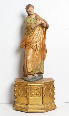 Lot 420 - Continental Polychrome Painted and Parcel-Gilt Wood Figure of a Male Saint