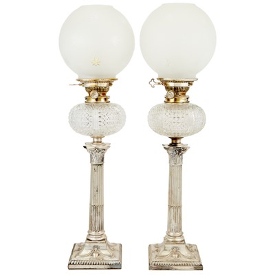 Lot 320 - Pair of English Silver Plated and Glass Fluid Lamps