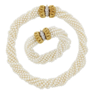 Lot 1200 - Ten Strand Cultured Pearl Torsade Necklace and Bracelet with Gold, Platinum and Diamond Leaf Clasps