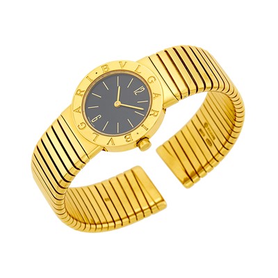 Lot 158 - Bulgari Gold Tubogas 'Bvlgari Bvlgari' Bangle-Watch
