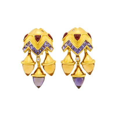 Lot 9 - Pair of Gold and Colored Stone Fish Pendant-Earclips
