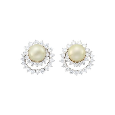 Lot 148 - Angela Cummings Pair of Platinum, Golden Cultured Pearl and Diamond Spiral Earclips