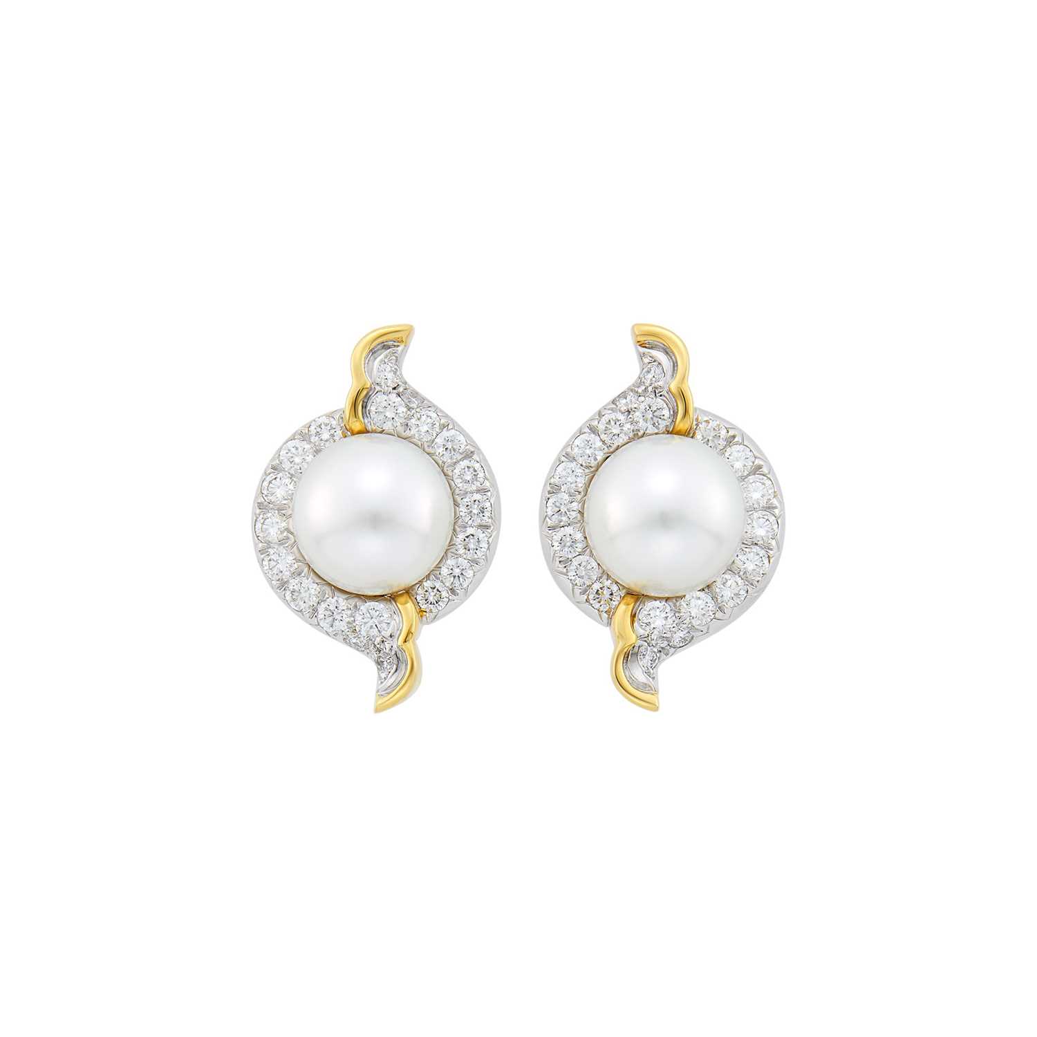 Lot 16 - Angela Cummings, Assael Pair of Gold, Platinum, South Sea Cultured Pearl and Diamond Earclips