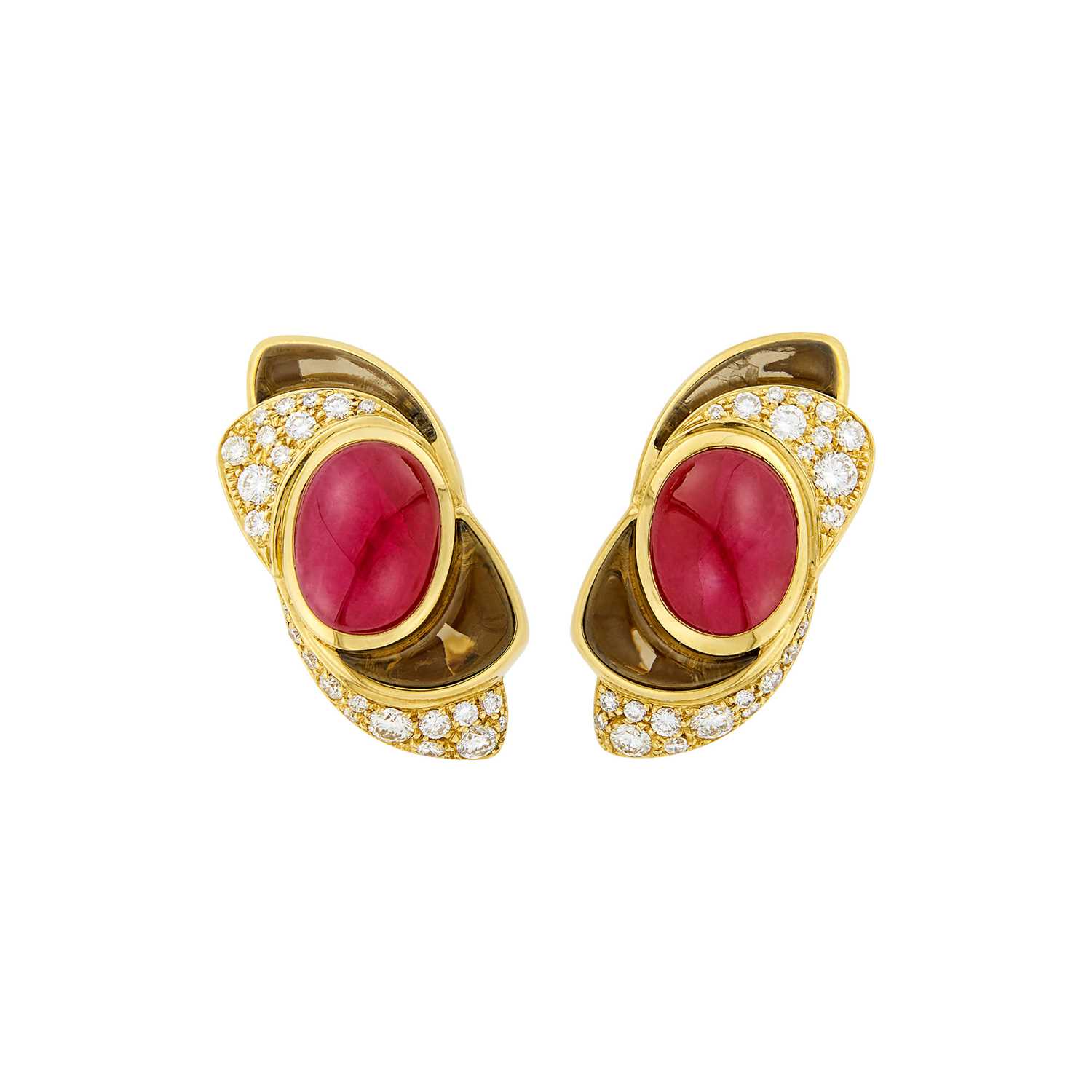 Lot 91 - Marina B Pair of Gold, Cabochon Ruby, Citrine and Diamond Earrings