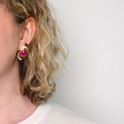 Lot 91 - Marina B Pair of Gold, Cabochon Ruby, Citrine and Diamond Earrings