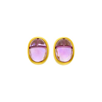Lot 229 - Barry Kieselstein-Cord Pair of Gold and Carved Amethyst Scarab Earclips