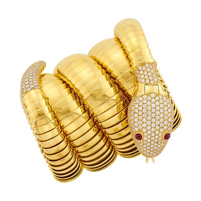 Lot 246 - Bulgari, Jaeger LeCoultre Gold and Diamond 'Serpenti' Five-Coil Bracelet-Watch