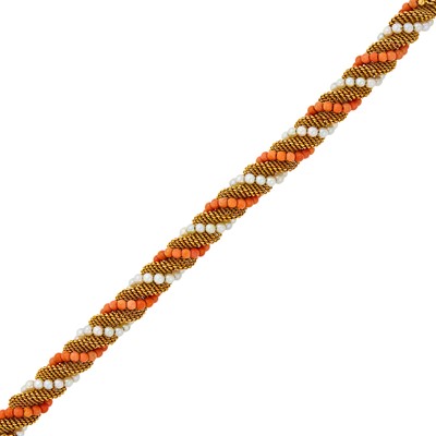 Lot 1159 - Twisted Gold, Coral Bead and Cultured Pearl Bracelet